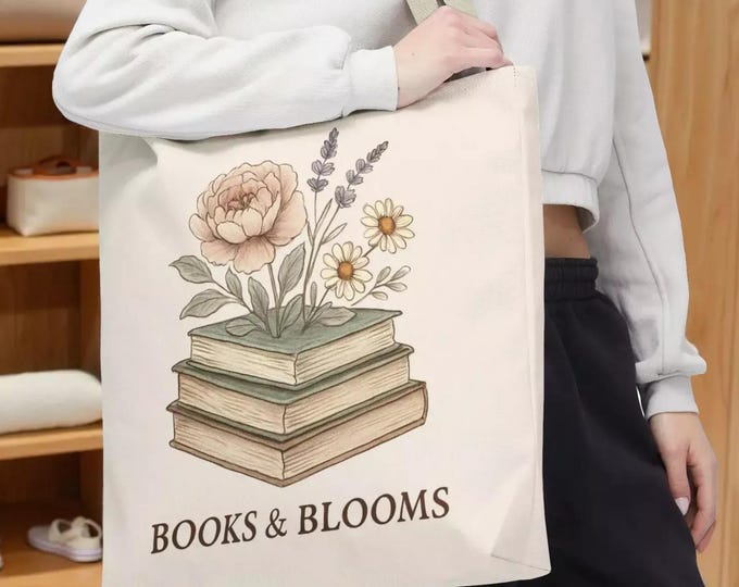 Floral Booklover Tote Bag - Canvas with Flower and Book Print