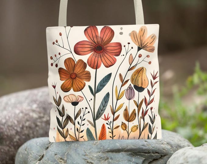 Wildflowers Beige Floral Fall Autumn Tote Bag Shopping Grocery Bag, Bookish Tote Bag, Cute Tote Bags, Floral Gift Bag