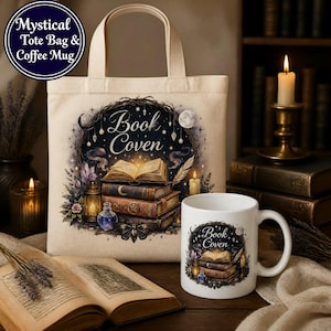 May include: A beige canvas tote bag and a white ceramic coffee mug, both featuring a graphic illustration of a stack of books, a lantern, and the text "Book Coven" surrounded by a dark, starry wreath with crystals and a quill.