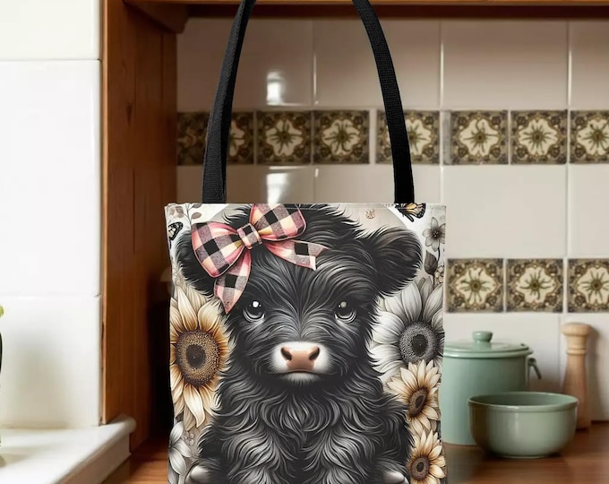 Highland Calf Floral Tote — Cute Cow with Plaid Bow Shopping Carryall Booklover Bag