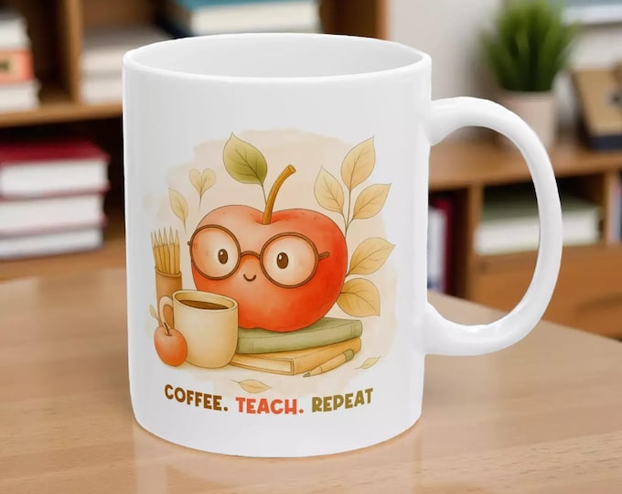 Teacher Coffee Mug, Ceramic Apple Cartoon (11oz Cozy Cup)