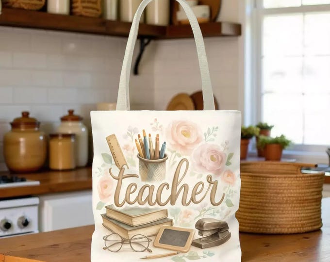 Floral Teacher Tote Book Bag: Watercolor Book and Pencil Design