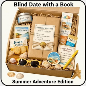 May include: A 'Blind Date with a Book' gift box, 'Summer Adventure Edition', filled with beach-themed items. Includes a wrapped book, sunglasses, cookies, tea, a candle, and a pen. The box is decorated with seashells and a starfish.