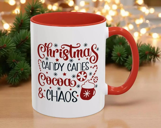 Festive Holiday Coffee Mug: Candy Cane Cocoa & Chaos Design