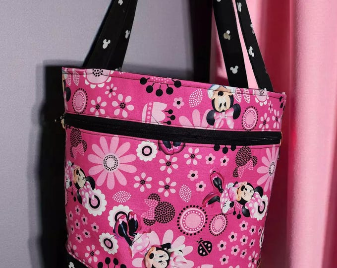 Minnie Mouse Tote Bag: Pink Cotton with Zippered Pocket (14" x 11"), Book Lover Bag