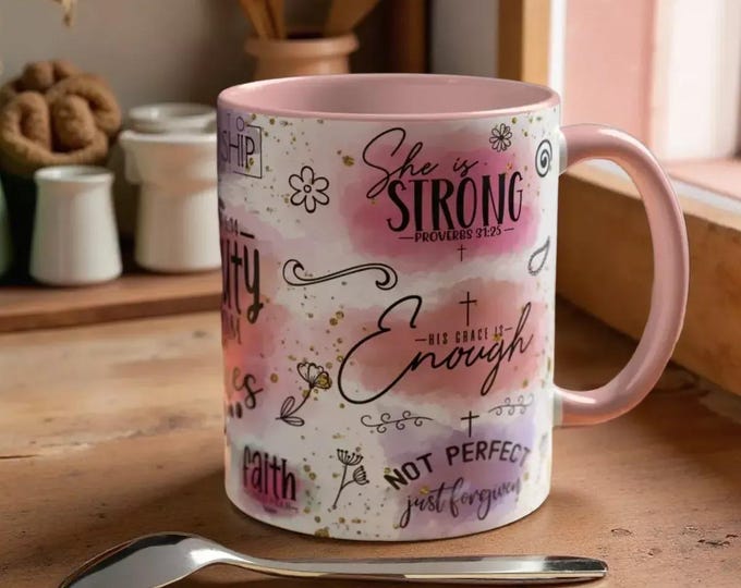 Inspirational Christian Coffee Mug: Faith Quotes in Pink and White