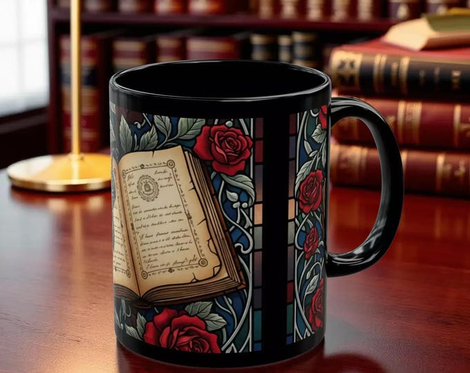 Bookish Gothic Booklover Coffee Mug, Roses and Stained Glass (11oz) Tea Hot Cocoa Cup