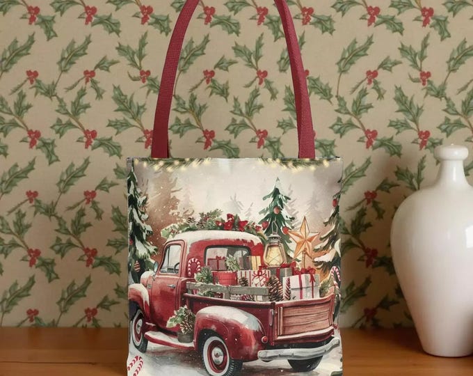 Holiday Tote Bag: Vintage Red Truck Design - Spacious & Durable Shopping Book Bag