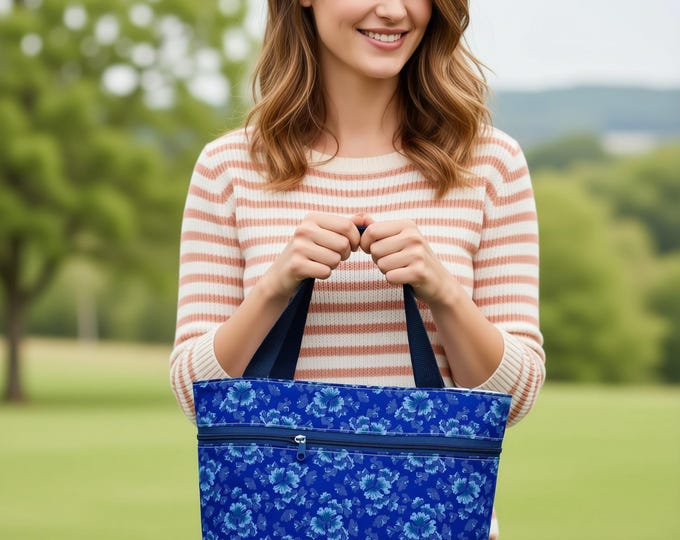Blue Floral Tote Bag: Zippered Pocket, White Interior Limited Edition
