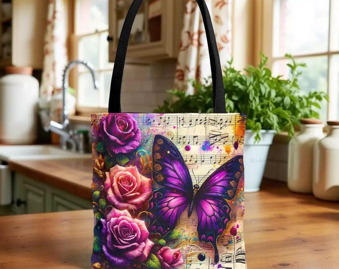 Floral Music Tote Bag, Roses & Butterfly Print (Medium Size) Shopping Book Bag