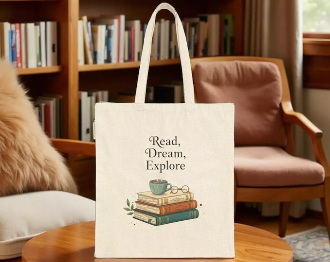 Read, Dream, Explore Tote — Book Lover Cotton Canvas Carryall Shopping Bag
