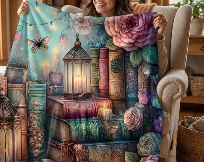 Velveteen Plush Blanket — Cozy Bookish Lantern & Rose Print Throw