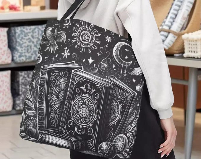 Mystical Tote Bag — Black & White Book Illustration Carryall