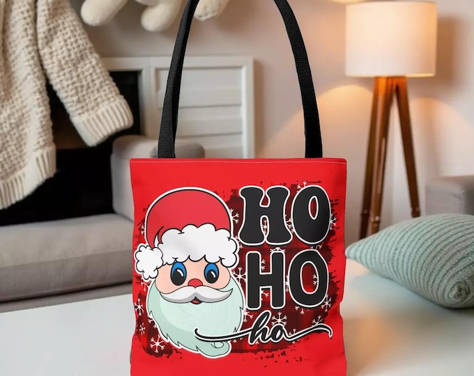 Holiday Santa Tote Bag, Red Festive Design (Reusable, Multiple Sizes), Christmas Giftbag