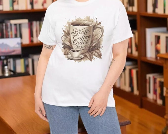 Coffee and Books T-Shirt, Vintage Style Quiet Mornings (Unisex S-5XL)