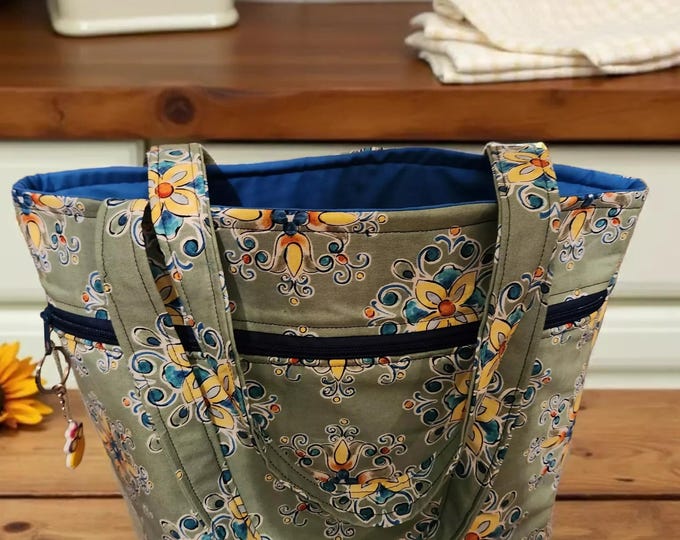 Tote Bag: Colorful Green Floral Print - Cotton with Front Zipper Pocket