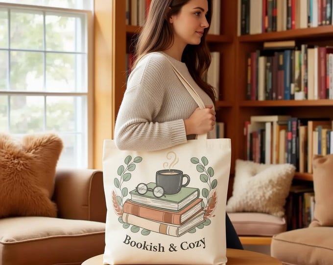Bookish & Cozy Tote Bag – Literary Reader Coffee and Books Canvas Carryall