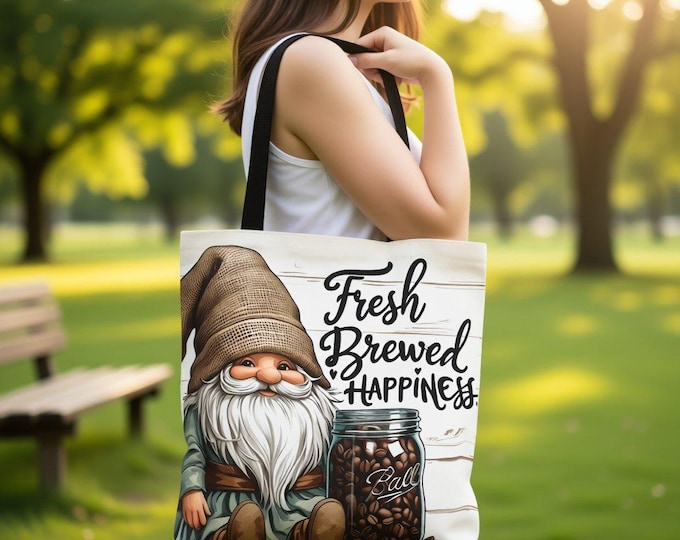 Whimsical Coffee Gnome Tote Bag - Fresh Brewed Happiness Design, Shopping Book Bag