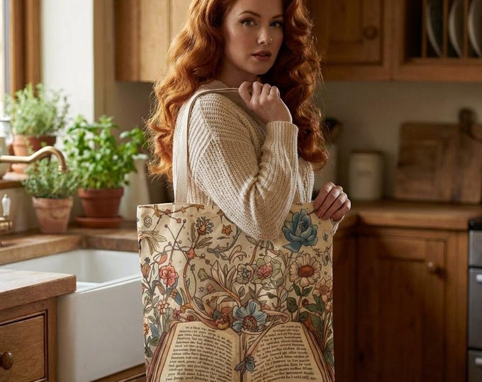 Vintage Look Open Book Bag: Floral Illustration Design Carryall Shopping Tote