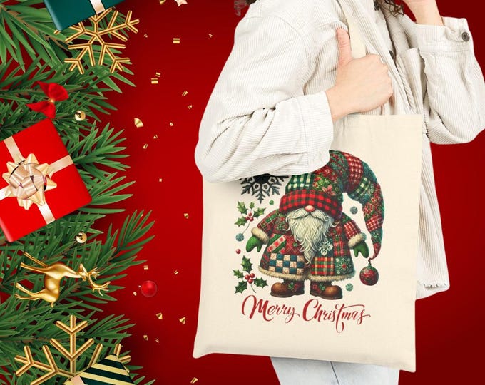 Holiday Tote Bag: Festive Santa Print - Durable Cotton Canvas, Merry Christmas Giftbag