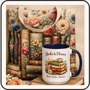 Books & Flowers Tote Bag | Book Lover Gift | Floral Bookish Carryall Bag | Optional Matching Mug | Gift for Her | Cozy Literary Aesthetic
