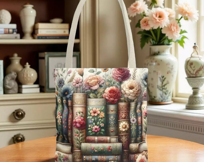 Books & Flowers Carryall Book Shopping Grocery Tote Bag, Book Lover Gift