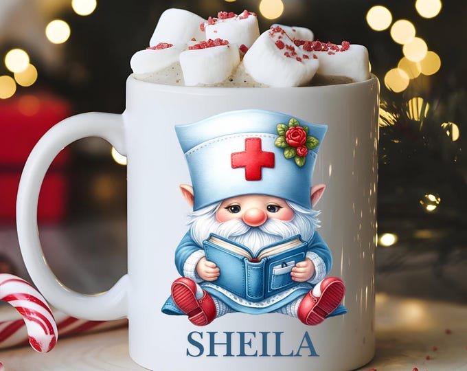Gnome Nurse Mug: Whimsical Cartoon Ceramic Coffee Cup
