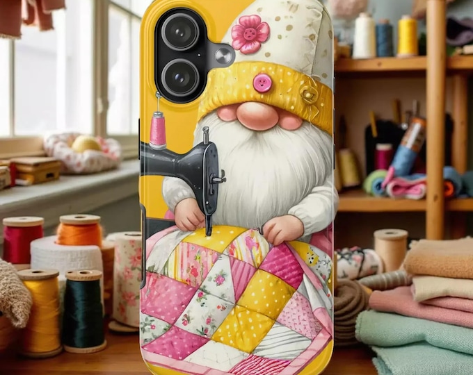 Phone Case: Quilting Gnome Sewing Illustration - Cute Protective Cover Samsung and iPhone