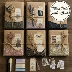 May include: Six rectangular books wrapped in brown paper, decorated with dried flowers, twine, and vintage-style paper scraps. Each package features unique labels like 'enemies to lovers' or 'found family'. Includes a bookmark, pens, and stickers.