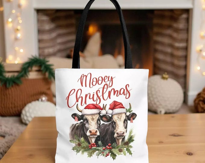 Mooey Christmas Tote Bag - Cute Cow Holiday Design, Shopping Book Bag