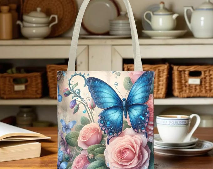 Butterfly Tote Bag, Floral Print, Blue and Pink Roses Books Shopping (Everyday Use)