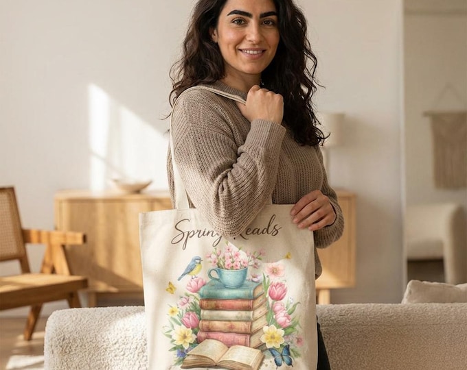 Floral Spring Reads Tote Bag - Book Lover’s Tea Cup Flowers Books Design