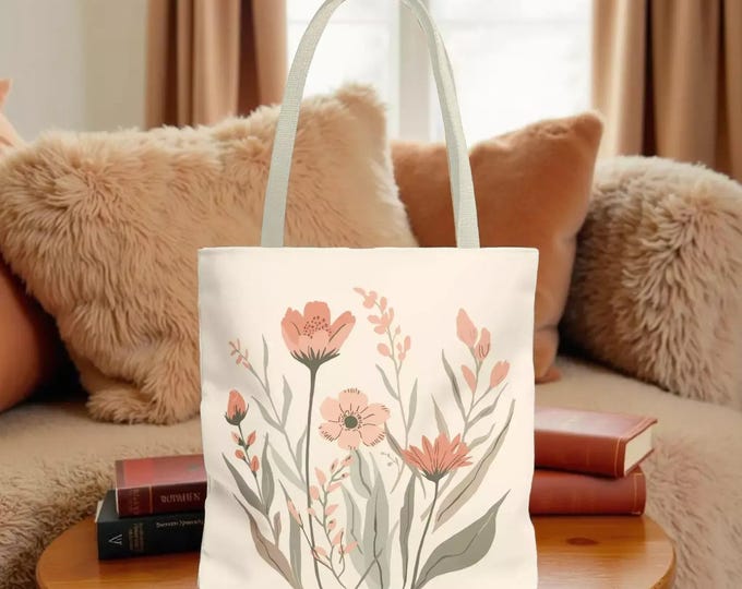 Floral Watercolor Tote Bag: Peach Wildflower Canvas Booklover Shopping Carryall (3 sizes)