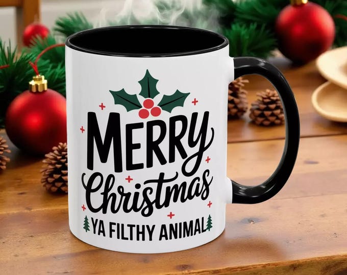Home Alone Themed Merry Christmas Ya Filthy Animal Accent Coffee Mug — Holiday 11 Oz Cup
