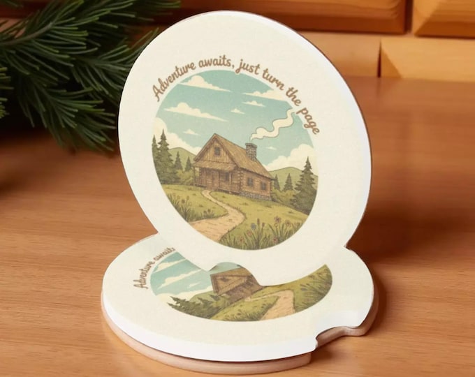 Car Coasters — "Adventure Awaits, Just Turn the Page" Cabin Design