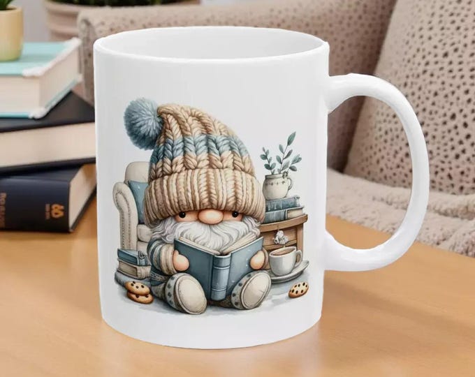 Whimsical Gnome Mug - Cozy Reading Nook Illustration, Book Lover Cup