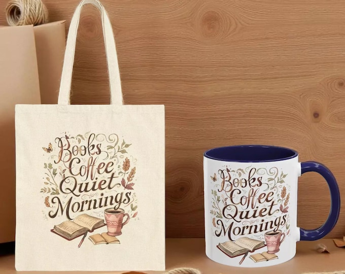 Books, Coffee & Quiet Mornings Tote Bag — Personalized Cotton Canvas Book Lover Gift Set Incudes Mug