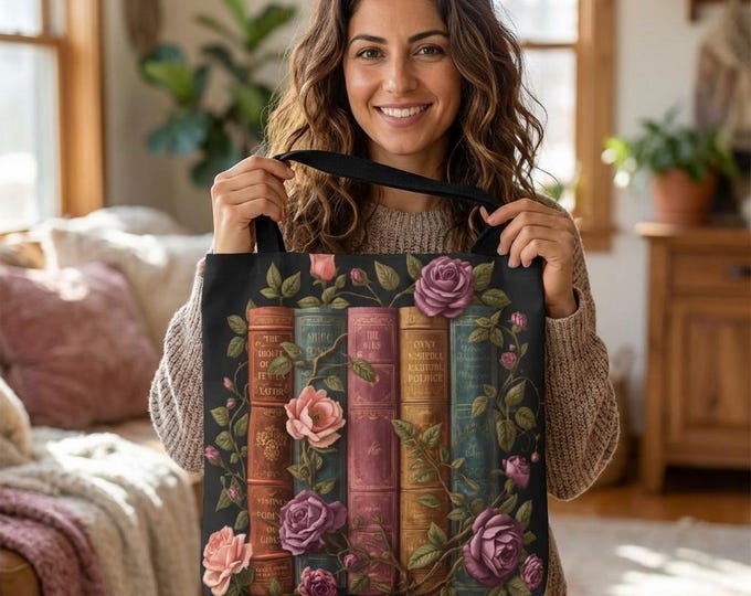 Vintage Floral Books Tote Bag — Rosebound Library Carryall Shopping