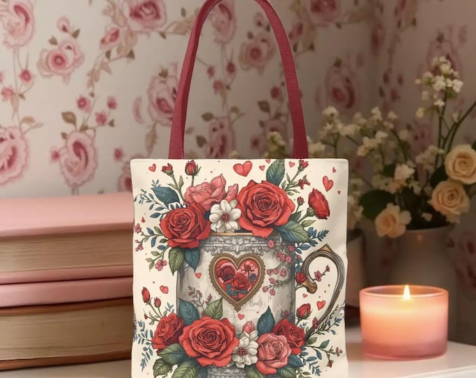 Floral Heart Mug Tote Bag – Vintage Rose Valentine Book Lover Shopping Carryall