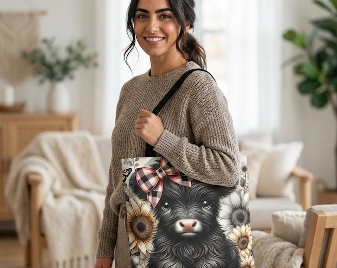 Highland Cow Floral Tote – Calf with Plaid Bow