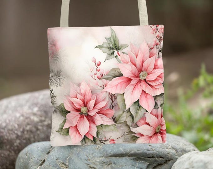 Pink Poinsettia Floral Tote Shopping Grocery Book Bag, Bookish Tote Bag, Cute Tote Bags, Floral Gift Bag