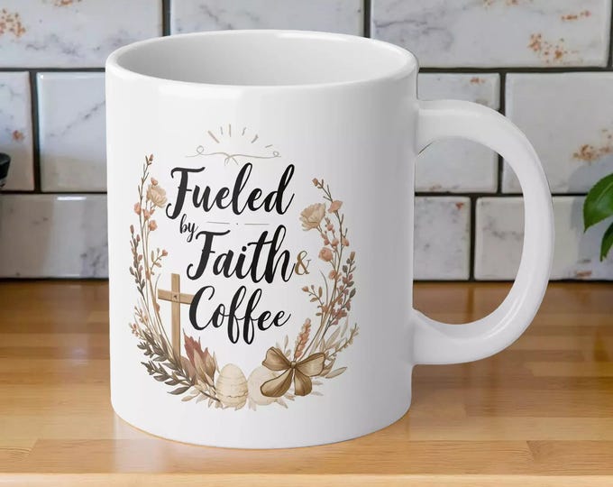 Inspirational Cross and Floral Jumbo Mug — 'Fueled by Faith & Coffee' 20oz