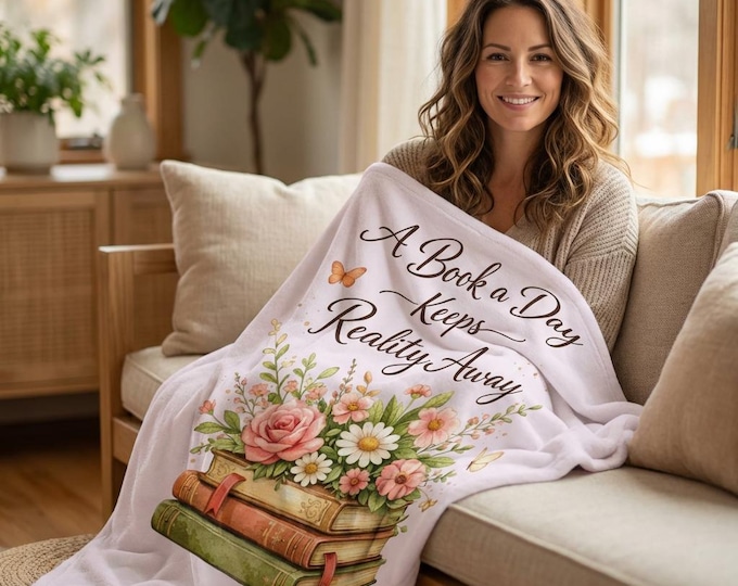 Velveteen Plush Blanket — "A Book a Day Keeps Reality Away" Floral Reading Throw With Optional Mug