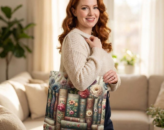 Book Lover Tote Bag – Books & Flowers Canvas Carryall, Cozy Reader Gift for Bookworms