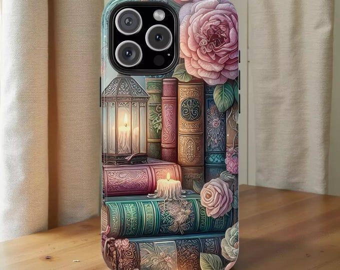 Vintage Look Bookstack Phone Case — Floral Lantern & Candle Protective Cover