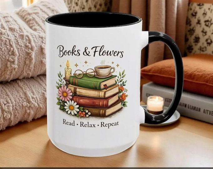 Books & Flowers Coffee Mug – Cozy Book Lover Gift, Optional Personalization