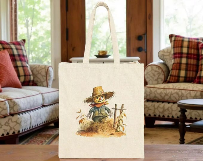 Fall Scarecrow Canvas Tote Bag, Cotton, Rustic Floral (Reusable) Shopping Book Bag