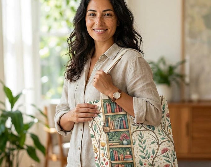 Bookcase & Botanicals Tote Bag — Vintage Library Floral With Optional Travel Mug