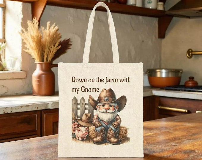 Rustic Farm Gnome Tote Bag: Cotton Canvas, Eco-Friendly Book Bag