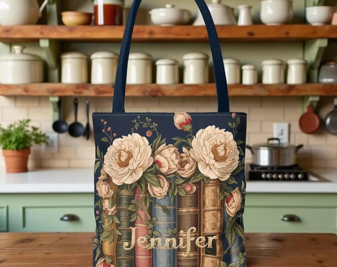 Personalized Tote Bag: Floral Peonies and Colorful Books - Book Lover